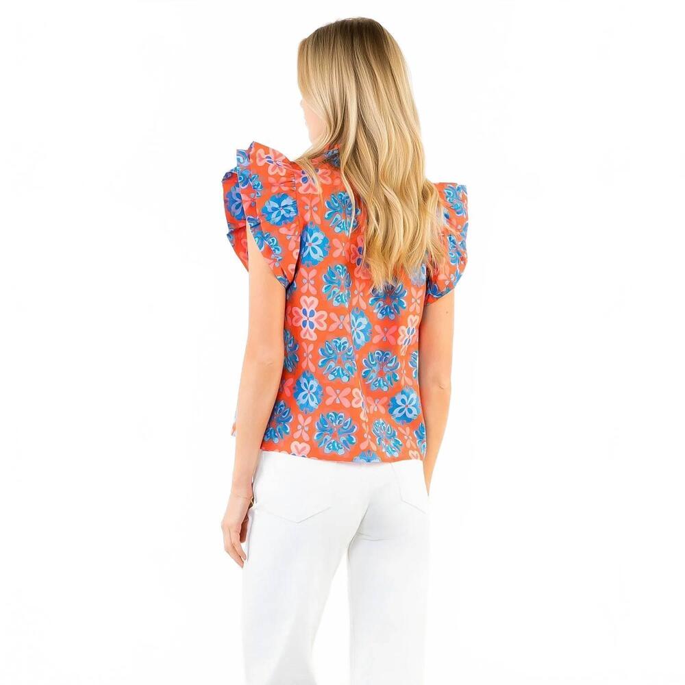 NEW THML floral print ruffle sleeve blouse in bright blue & red - Picture 3 of 3